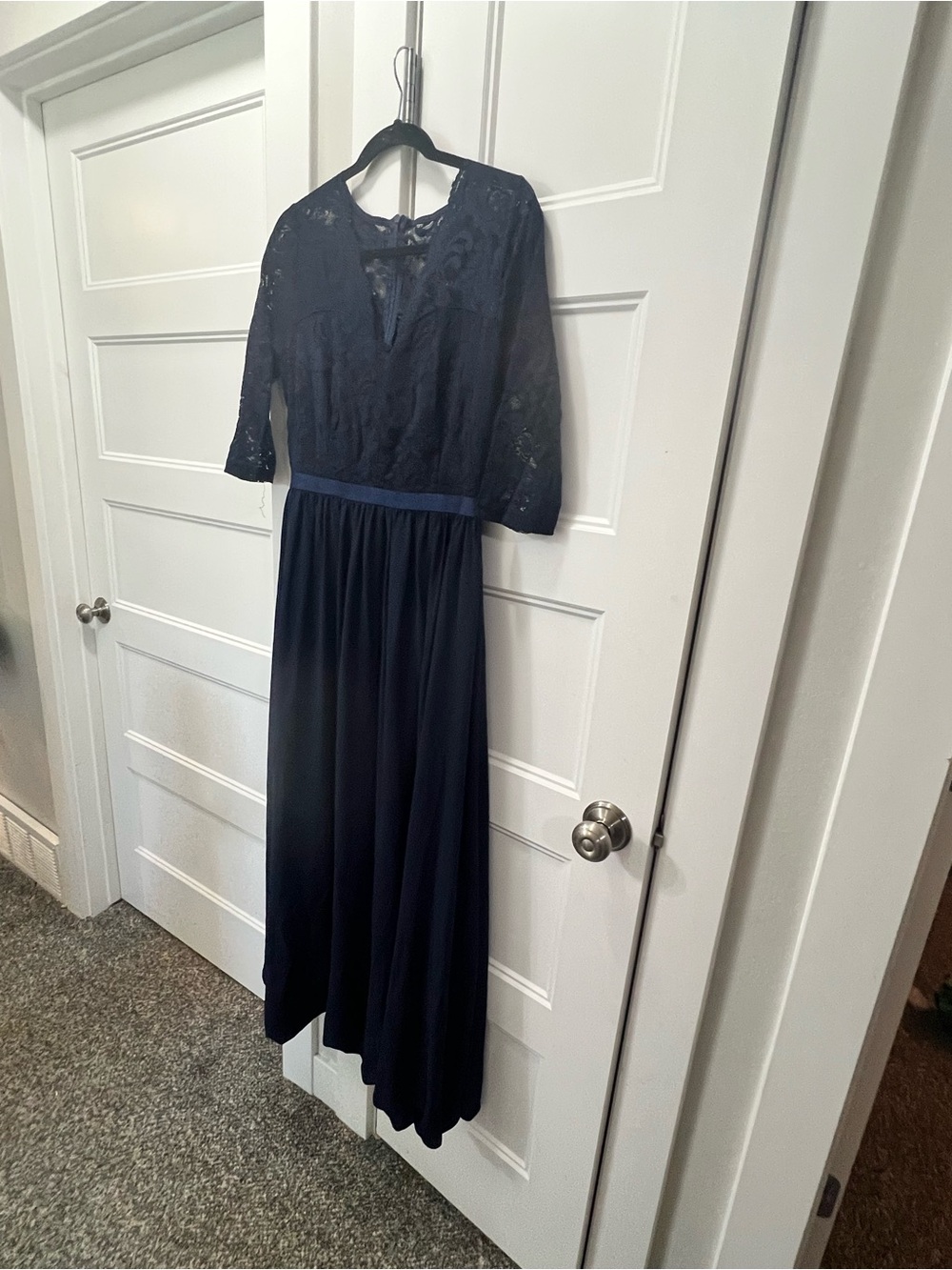 Navy Lace Formal Dress, Illusion Neckline, Sleeves